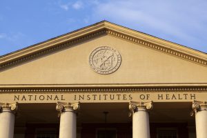 Exterior view of the main historic building (Building 1) of National Institutes of Health (NIH) inside Bethesda campus