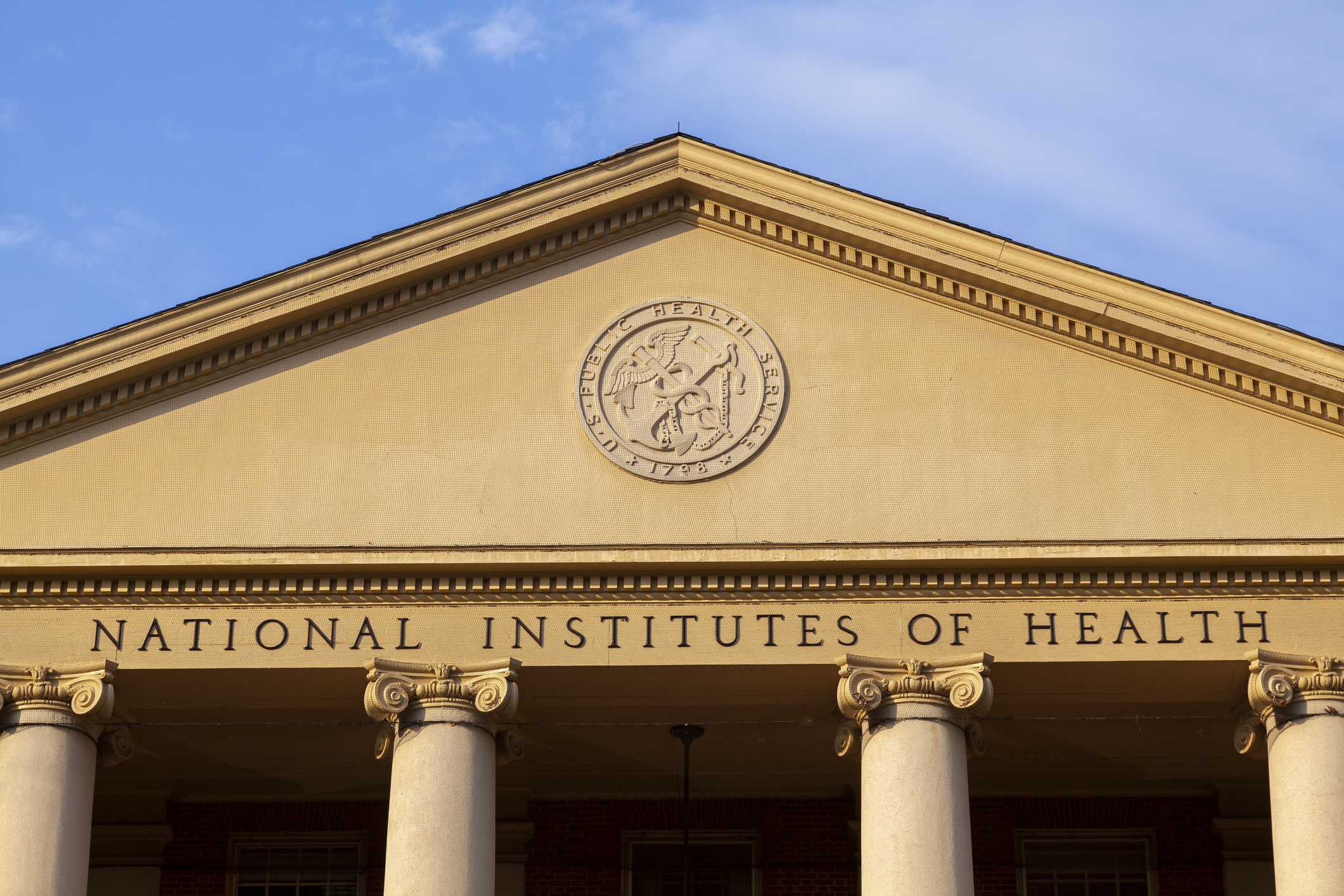 Exterior view of the main historic building (Building 1) of National Institutes of Health (NIH) inside Bethesda campus